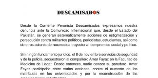 La Corriente Peronista Descamisados denuncia la desaparición de Amar Fayaz